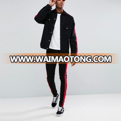 wholesale streetwear clothing patterned men super skinny black jeans with red contrast sides